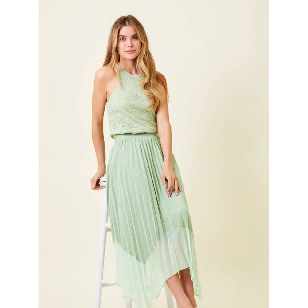 Sage Green Pleated Midi Skirt Asymmetrical Hem - Picture 3 of 9